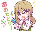  1girl :d blush bow bright_pupils brown_hair chibi collared_shirt confetti denonbu green_scrunchie hair_between_eyes hair_bobbles hair_ornament hairclip holding holding_party_popper kayano_futaba long_hair long_sleeves looking_at_viewer low_twintails lowres nonkomu_(furiten5553) official_art open_mouth outline party_popper red_bow scrunchie shirt sidelocks smile solo translation_request transparent_background twintails violet_eyes white_outline white_pupils white_shirt wrist_scrunchie 
