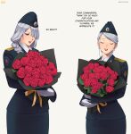  2girls absurdres ak-12_(girls&#039;_frontline) ak-15_(girls&#039;_frontline) alternate_costume alternate_hairstyle black_headwear black_jacket black_skirt blush boosty_username bouquet braid closed_eyes earrings english_commentary english_text flower fsb garrison_cap girls_frontline gloves grey_hair hair_over_one_eye hat highres holding holding_bouquet j_adsen jacket jewelry mixed-language_commentary multiple_girls open_mouth police police_uniform policewoman red_flower red_lips red_rose rose russian_commentary simple_background skirt smile teeth uniform upper_teeth_only violet_eyes white_gloves 