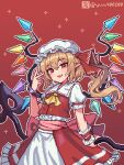  1girl absurdres blonde_hair bracelet fang flandre_scarlet hat highres holding holding_staff jewelry looking_at_viewer mob_cap pixel_art pointy_ears red_background red_eyes red_shirt red_skirt ribbon shirt skin_fang skirt solo staff touhou twitter_username twitter_x_logo upper_body v vampire white_headwear white_shirt yellow_ribbon yum4802888 