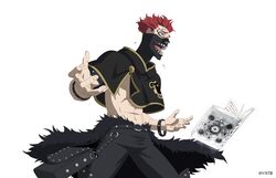  1boy abs belt black_belt black_bulls_(emblem) black_capelet black_clover black_clover_m:_rise_of_the_wizard_king black_mask black_pants blue_eyes book boots bracelet capelet eyebrow_piercing highres jewelry mask navel official_art open_book open_mouth pants piercing redhead rubbing_neck sharp_teeth short_hair simple_background solo teeth topless_male zora_ideale 