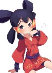  1girl absurdres bike_shorts black_eyes black_hair blush commentary_request hair_rings highres japanese_clothes kimono ktmthe2nd looking_at_viewer mizura red_kimono sakuna-hime simple_background sitting solo sweat tensui_no_sakuna-hime white_background 