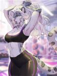  1girl adjusting_hair arm_up armpits black_pants black_sports_bra blue_eyes blurry blurry_background breasts depth_of_field furry furry_female hair_tie_in_mouth highres indoors long_hair medium_breasts mouth_hold nonoka917 original pants snow_leopard_ears snow_leopard_girl snow_leopard_tail solo sports_bra white_hair workout_clothes 