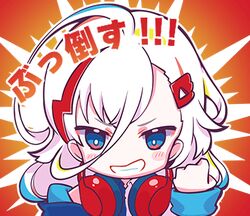  1girl ahoge angry blonde_hair blue_eyes blue_hair blush bright_pupils chibi clenched_hand denonbu furrowed_brow hair_between_eyes hair_ornament hairclip hand_up headphones headphones_around_neck houou_karin long_hair long_hair_between_eyes long_sleeves looking_at_viewer lowres multicolored_hair nonkomu_(furiten5553) official_art open_mouth outline redhead solo streaked_hair teeth translated transparent_background upper_body white_hair white_outline white_pupils 