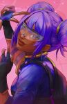  1girl apex_legends blue_gloves blue_jacket breasts dark-skinned_female dark_skin double_bun english_commentary fingerless_gloves glasses gloves hair_behind_ear hair_bun head_tilt highres jacket lifeline_(apex_legends) medium_breasts noush official_alternate_costume pink_background purple_hair runaway_hit_lifeline smile solo sparkle v violet_eyes 