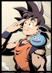  1boy black_hair character_request creature creature_on_shoulder dougi dragon_ball dragon_ball_z halo highres kumolin33 looking_up male_focus on_shoulder salute slime_(dragon_quest) smile son_goku spiky_hair thick_eyebrows toned toned_male two-finger_salute upper_body 