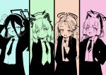  4girls @_@ animal_ear_headphones animal_ears aris_(blue_archive) blue_archive bow closed_eyes closed_mouth collared_shirt fake_animal_ears game_development_department_(blue_archive) hair_bow halo headphones highres long_hair long_sleeves looking_at_viewer midori_(blue_archive) momoi_(blue_archive) multiple_girls multiple_monochrome necktie open_clothes open_mouth shirt short_hair siblings sisters smile suit supersugar teeth twins upper_teeth_only yuzu_(blue_archive) 