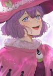  1girl :d black_clover blue_eyes capelet dorothy_unsworth fur-trimmed_capelet fur_trim gradient_eyes hair_between_eyes hashtag_only_commentary hat highres looking_at_viewer multicolored_eyes open_mouth pink_capelet pink_headwear purple_hair rizaavana short_hair simple_background smile solo sparkle_background twitter_username upper_body violet_eyes witch_hat 