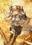  1girl autumn_leaves black_bow black_footwear black_pantyhose black_skirt black_thighhighs bow brown_hair falling_leaves from_above full_body ginkgo_leaf ginkgo_tree girls&#039;_frontline_2:_exilium girls_frontline grin hair_bow hand_up highres leaf looking_at_viewer miniskirt navel pantyhose pleated_skirt red_eyes shirt single_leg_pantyhose single_thighhigh skirt smile solo standing standing_on_one_leg stomach suspender_skirt suspenders tang_qi_zang teeth thigh-highs thigh_pouch two_side_up ump9_(girls&#039;_frontline) w white_shirt yellow_background 