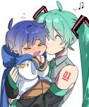  &gt;_&lt; 1boy 1girl ^_^ age_difference age_regression aged_down ahoge aqua_hair aqua_nails aqua_necktie bare_shoulders beamed_eighth_notes black_sleeves blue_hair blue_scarf blush bow brown_pants carrying carrying_person cheek_sucking child closed_eyes collared_shirt detached_sleeves flying_sweatdrops full-face_blush grey_shirt hatsune_miku highres jacket kaimiku_yummy kaito_(vocaloid) kiss kissing_cheek long_hair musical_note necktie number_tattoo open_mouth pants scarf scarf_bow shirt shoulder_tattoo sleeveless sleeveless_shirt sweatdrop tattoo twintails very_long_hair vocaloid wavy_mouth white_jacket 
