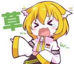  &gt;_&lt; 1girl :d black_shorts blonde_hair blush chibi closed_eyes colored_tips denonbu facing_viewer fangs hair_ears jacket laughing long_sleeves lowres midriff multicolored_hair nonkomu_(furiten5553) official_art open_mouth outline pointing short_hair shorts sleeves_past_fingers sleeves_past_wrists smile solo taiga_lucia tearing_up tears translated transparent_background white_hair white_jacket white_outline xd zipper zipper_pull_tab 