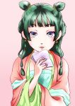  1girl beads drop_earrings earrings green_hair hair_beads hair_ornament handkerchief holding_handkerchief jewelry kusuriya_no_hitorigoto looking_at_viewer maomao_(kusuriya_no_hitorigoto) medium_bangs pink_background solo upper_body user_ktgj5528 