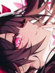  1girl 58_(opal_00_58) :d absurdres bow brown_hair close-up finger_to_mouth floating_hair grin hair_bow highres honkai:_star_rail honkai_(series) long_bangs long_hair nail_polish open_mouth pink_eyes pink_nails portrait profile red_bow sidelocks sideways smile solo sparkle_(honkai:_star_rail) teeth twintails 