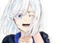  1girl 303_goushitsu_no_kamisama blue_eyes blush collarbone commentary_request floating_hair funi_mu9 kami-sama_(303_goushitsu_no_kamisama) looking_at_viewer medium_hair one_eye_closed open_mouth solo sweatdrop teeth upper_body white_background white_hair 