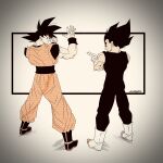  2boys absurdres black_eyes black_footwear black_hair black_sash boots crossed_arms dougi dragon_ball dragon_ball_z full_body gloves highres long_hair looking_at_viewer looking_back multiple_boys muscular muscular_male noir_illust pants sash son_goku spiky_hair standing vegeta waving white_footwear white_gloves 