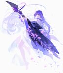  1girl barefoot black_robe closed_mouth dress falling_petals highres holding holding_staff long_hair long_sleeves looking_at_viewer mage_staff petals purple_hair robe solo sousou_no_frieren staff very_long_hair violet_eyes white_dress yu_jiu 