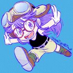  1girl ariga_hitoshi belt blue_background commentary_request dr._slump eyelashes full_body gloves goggles goggles_on_head highres long_hair norimaki_arale open_mouth outstretched_arms purple_hair red-framed_eyewear simple_background smile solo teeth violet_eyes white_gloves 