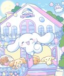  1boy :3 balloon blush blush_stickers cafe cinnamoroll closed_eyes closed_mouth clouds curled_tail dog flower highres jumping long_hair loveycloud multiple_others open_mouth sanrio sign sun tail tree waving white_dog 