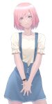  1girl blue_eyes blue_skirt collarbone commentary english_commentary head_tilt highres looking_at_viewer original own_hands_together pink_hair puffy_sleeves shirt short_hair simple_background skirt solo standing sthreep suspender_skirt suspenders watch watch white_background white_shirt 