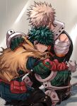  2boys aqua_bodysuit bakugou_katsuki bandaged_arm bandages belt belt_pouch black_footwear black_pants blonde_hair boku_no_hero_academia boots cape chiyaya clenched_teeth colored_shoe_soles covered_face detached_sleeves explosive feet_out_of_frame freckles from_side gloves green_gloves green_hair grenade grey_gloves hand_on_another&#039;s_arm hand_on_another&#039;s_back hands_up highres hug knee_boots knee_pads kneeling leaning_forward leaning_on_person male_focus messy_hair midoriya_izuku multiple_boys official_alternate_costume on_ground orange_gloves outstretched_arm pants pouch profile rain red_belt ripples shaded_face shadow short_hair sleeveless spiky_hair spoilers support tank_top teeth torn_cape torn_clothes torn_gloves torn_sleeve two-tone_gloves yellow_cape 
