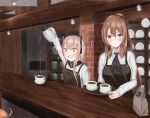  2girls apron blonde_hair braid brown_apron brown_hair cafe closed_mouth coffee coffee_cup cup disposable_cup girls_frontline green_eyes hair_between_eyes hair_ribbon headset long_hair m4_sopmod_ii_(girls&#039;_frontline) mama_m1903 mask multiple_girls necktie open_mouth percolator red_eyes ribbon shirt skull_mask springfield_(girls&#039;_frontline) white_shirt 