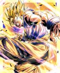  1boy absurdres aura blonde_hair blue_shirt clenched_hand clenched_teeth dragon_ball dragon_ball_z electricity feet_out_of_frame green_eyes halo highres injury medium_hair muscular muscular_male orange_pants orange_shirt pants sekitsuki_hayato shirt solo son_goku spiky super_saiyan super_saiyan_2 teeth torn_clothes torn_shirt upper_body 