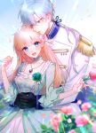  1boy 1girl :d absurdres black_gloves blonde_hair blue_eyes blurry blurry_foreground cover cover_page day dress epaulettes flower gloves green_dress green_eyes grey_hair hair_flower hair_ornament hetero highres holding holding_flower hug hug_from_behind jewelry necklace nogikawa novel_cover official_art outdoors prince smile uniform 
