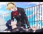  1boy 1girl aegis_(persona) android black_hairband black_jacket black_ribbon black_skirt blonde_hair blue_eyes blue_hair blue_sky bow bowtie closed_mouth clouds day elulit2 floating_hair gekkoukan_high_school_uniform gold_trim hairband hashtag_only_commentary highres jacket lap_pillow long_sleeves looking_at_another neck_ribbon open_clothes open_jacket outdoors persona persona_3 petals pleated_skirt red_bow red_bowtie ribbon robot_ears school_uniform shirt short_hair sitting skirt sky smile uniform white_shirt yuuki_makoto_(persona_3) 