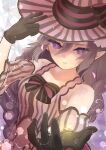  bare_shoulders braid gloves hat heart heart-shaped_pupils highres looking_at_viewer low_twin_braids low_twintails ludmila_(rune_factory) mugi_gol pointy_ears rune_factory rune_factory_5 striped_sleeves symbol-shaped_pupils twin_braids twintails violet_eyes witch_hat 