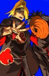  2boys akatsuki_uniform black_coat black_hair blonde_hair blue_background blue_eyes coat deidara_(naruto) hair_over_one_eye hand_mouth headband highres mask multiple_boys naruto_(series) naruto_shippuuden open_mouth simple_background spiky_hair tobi_(naruto) tongue tongue_out xi_luo_an_ya 