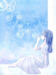  1girl barefoot blue_eyes blue_hair blue_theme bubble bubble_blowing dress from_side full_body hand_up highres kotono_n0 long_hair original profile puffy_short_sleeves puffy_sleeves short_sleeves sitting sky solo white_dress 