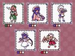  5girls bat_wings commentary crossed_arms crystal_wings dress embodiment_of_scarlet_devil english_commentary flandre_scarlet full_body hat hong_meiling izayoi_sakuya long_hair mob_cap multiple_girls orange_hair orb pants parody patchouli_knowledge pink_dress pixel_art pokemon pokemon_gsc pokemon_gsc_(style) purple_hair red_skirt red_vest remilia_scarlet shirt sitting skirt sleeping standing style_parody suwa_lagito touhou vest white_pants white_shirt white_skirt wings yin_yang yin_yang_orb zzz 