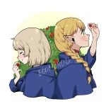  2girls artist_name back-to-back berry blonde_hair blue_robe braid choker closed_eyes dungeon_meshi edomon-do elf falin_thorden food from_side green_eyes grey_hair highres holding holding_food hooded_robe long_hair marcille_donato multiple_girls pointy_ears red_choker robe short_hair simple_background smile upper_body watermark white_background 