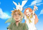  1boy 1girl blonde_hair blue_eyes blue_sky brown_hair closed_eyes clouds commentary_request cucco green_tunic highres himu_zelda korean_commentary link long_hair marin_(zelda) outdoors pointy_ears sky smile teeth the_legend_of_zelda the_legend_of_zelda:_link&#039;s_awakening upper_teeth_only 