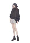  1girl absurdres bare_legs black_coat black_footwear black_hair black_shirt boots closed_mouth coat fishdry full_body hair_bun highres long_hair long_sleeves looking_at_viewer multicolored_hair original parted_bangs shirt shorts simple_background solo standing sweater tachi-e turtleneck white_background white_shorts yellow_eyes 