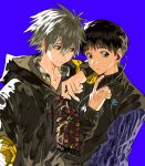  2boys absurdres arm_on_shoulder blue_background blue_eyes closed_mouth collar_tug earphones earphones highres holding holding_earphones hood hooded_jacket ikari_shinji jacket looking_at_another male_focus multiple_boys nagisa_kaworu neon_genesis_evangelion open_clothes open_jacket red_eyes scarf simple_background smile white_hair xi_luo_an_ya 