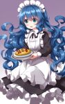  1girl alternate_costume apron black_dress blue_eyes blue_hair blush bow bowtie collared_dress commentary dress drooling enmaided feet_out_of_frame floating_hair food frilled_apron frilled_dress frills gradient_background highres holding holding_food holding_plate ketchup long_dress long_hair long_sleeves looking_ahead maid maid_apron maid_headdress mouth_drool open_mouth plate purple_background ruu_(tksymkw) solo standing touhou translation_request wavy_hair white_apron white_background white_bow white_bowtie yorigami_shion 