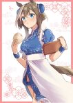  1girl animal_ears blue_eyes blush breasts brown_hair bun_cover cheval_grand_(umamusume) china_dress chinese_clothes double_bun dress eating food hair_between_eyes hair_bun highres hiyo_(2016.10) holding holding_food horse_ears horse_girl horse_tail large_breasts looking_at_viewer multicolored_hair shirt simple_background solo streaked_hair tail umamusume white_hair 