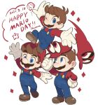  1boy :d ;d adjusting_clothes adjusting_headwear arm_up artist_name blue_eyes blue_overalls blue_pants brown_footwear brown_hair cappy_(mario) commentary dated facial_hair gloves hand_up hat highres holding holding_clothes holding_hat long_sleeves looking_at_viewer looking_up male_focus mario mario_day multiple_views mustache nonana_(galaxycat89p13) one_eye_closed open_mouth overalls pants red_headwear red_shirt shirt shoes short_hair signature simple_background smile standing super_mario_bros. super_mario_odyssey super_mushroom super_star_(mario) symbol-only_commentary waving white_background white_gloves 