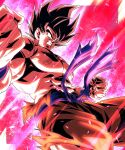  1boy absurdres aura black_eyes black_hair clenched_hands clenched_teeth cowboy_shot dragon_ball dragon_ball_z highres kaiouken medium_hair muscular muscular_male orange_pants pants sekitsuki_hayato solo son_goku spiky teeth topless torn_clothes 