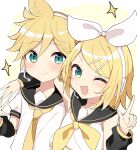  1boy 1girl :d ahoge arm_around_neck bare_shoulders black_sailor_collar black_sleeves blonde_hair blush bow brother_and_sister dani06685637224 detached_sleeves green_eyes hair_bow hair_ornament hairclip hand_on_another&#039;s_shoulder headphones headset highres kagamine_len kagamine_rin light_blush looking_at_viewer midriff_peek neckerchief necktie one_eye_closed open_mouth sailor_collar shirt short_hair short_sleeves siblings sleeveless sleeveless_shirt smile sparkle spiky_hair swept_bangs twins vocaloid yellow_background yellow_neckerchief yellow_necktie 