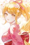  1girl blonde_hair blush danganronpa_(series) danganronpa_2:_goodbye_despair floral_print flower fuwa_ko hair_flower hair_ornament hair_ribbon highres japanese_clothes kimono long_hair obi orange_eyes petals pink_kimono pink_ribbon ponytail ribbon saionji_hiyoko sash solo teeth white_flower 