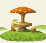  animal animal_focus bell commentary_request day elbow_rest frog grass hachiya_shohei highres hill log mushroom no_humans original outdoors signature sitting table 