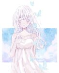  1girl bare_shoulders blue_butterfly blue_eyes blush bug butterfly closed_mouth clouds collarbone dress hand_on_own_chest hand_up highres kotono_n0 long_hair looking_at_viewer original sky sleeveless sleeveless_dress solo strap_slip sundress white_dress white_hair 