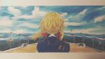  1girl blonde_hair blue_jacket blue_sky braid braided_bun character_request check_character check_copyright chinese_commentary clouds colored_pencil_(medium) commentary_request copyright_request double_bun facing_away from_behind hair_bun hair_intakes hair_ribbon highres jacket medium_hair nanzhu801_(noraaaaa) o-ring ocean outdoors photo_(medium) red_ribbon ribbon scenery ship sky solo traditional_media violet_evergarden violet_evergarden_(series) watercraft wind 