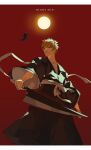  belt black_butterfly black_kimono bleach bug butterfly clenched_teeth cowboy_shot hakama hakama_pants highres holding holding_sword holding_weapon japanese_clothes kimono kuigo kurosaki_ichigo orange_eyes orange_hair pants red_sky short_hair sky sun sword teeth weapon white_belt 