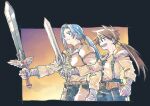  2boys belt blue_hair brothers brown_hair closed_mouth grandia grandia_ii holding holding_sword holding_weapon long_hair male_focus melfice_(grandia) michibata_65 multiple_boys open_mouth ponytail ryudo_(grandia) siblings smile sword weapon 