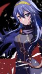  1girl absurdres armor belt black_background blue_cape blue_eyes blue_hair blue_sweater brown_belt cape closed_mouth commentary_request fire_emblem fire_emblem_awakening floating_hair hair_between_eyes highres long_hair looking_at_viewer lucina_(fire_emblem) mu_tu_bu pauldrons red_cape shoulder_armor simple_background smile solo sweater tiara turtleneck turtleneck_sweater two-tone_cape 