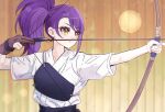 1girl archery arrow_(projectile) bow_(weapon) brown_gloves closed_mouth commentary_request drawing_bow gloves hakama holding holding_arrow holding_bow_(weapon) holding_weapon japanese_clothes jjuu0105 korean_commentary long_hair looking_ahead muneate partially_fingerless_gloves pretty_series pripara purple_hair side_ponytail single_glove solo toudou_shion upper_body weapon wooden_wall yellow_eyes yugake 