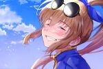  19670615t 1girl blush brown_hair clouds crying eyewear_on_head gloves long_hair ponytail precis_neumann smile solo star_ocean star_ocean_the_second_story 