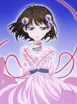  1girl brown_eyes brown_hair choker closed_mouth collarbone dress fumiko_(mesushi) hair_bobbles hair_ornament looking_at_viewer open_mouth pink_dress reala_(tales) ribbon short_hair solo tales_of_(series) tales_of_destiny_2 very_short_hair 